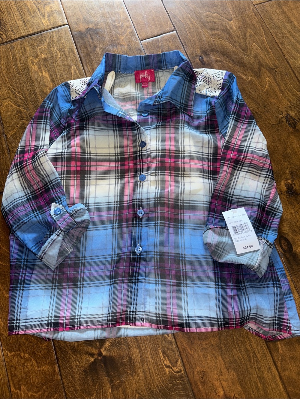 Pinky Girls Plaid Button-Down Shirt in Blue, Pink & White